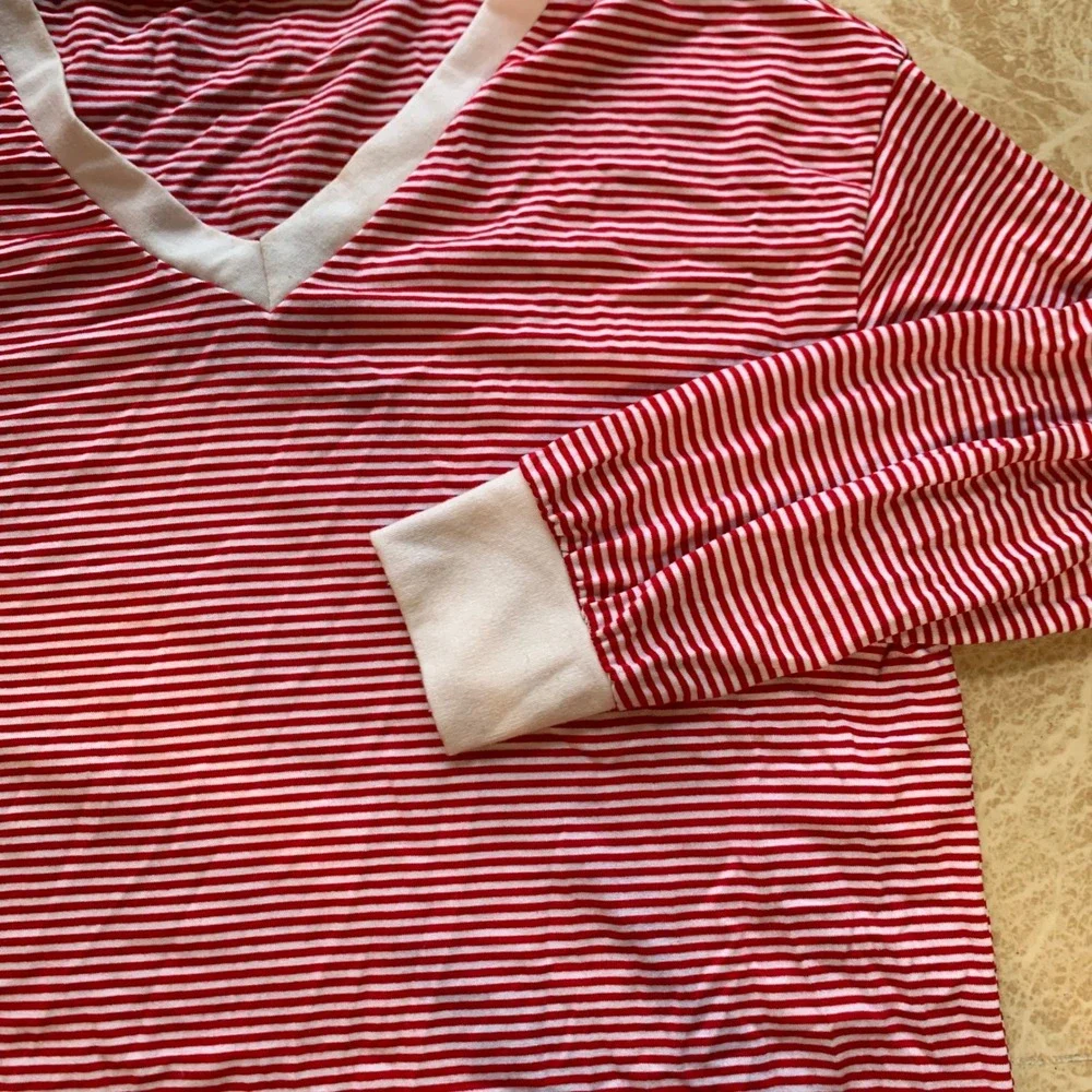 Pajama Set Small Red White Striped V-Neck Long Sleeve Loungewear Holiday Cozy